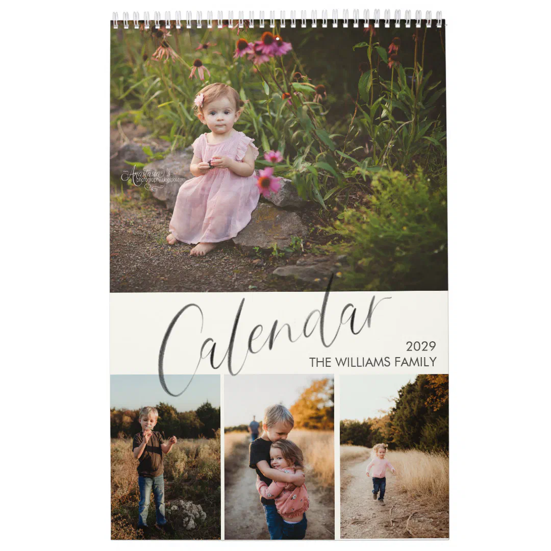 Chic Modern Watercolor Script Multi Photo Calendar