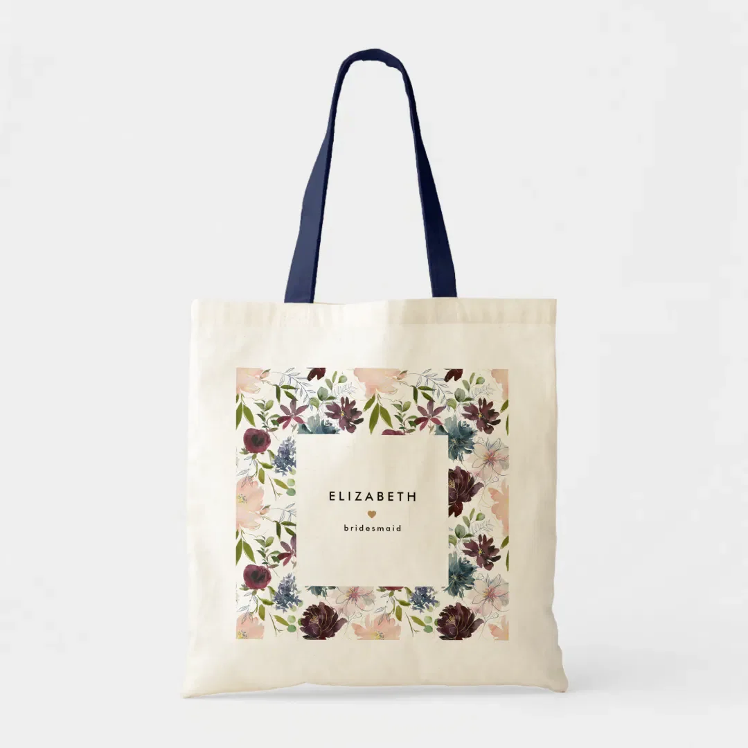 Burgundy Navy Floral Pattern Custom Bridal Party Tote Bag