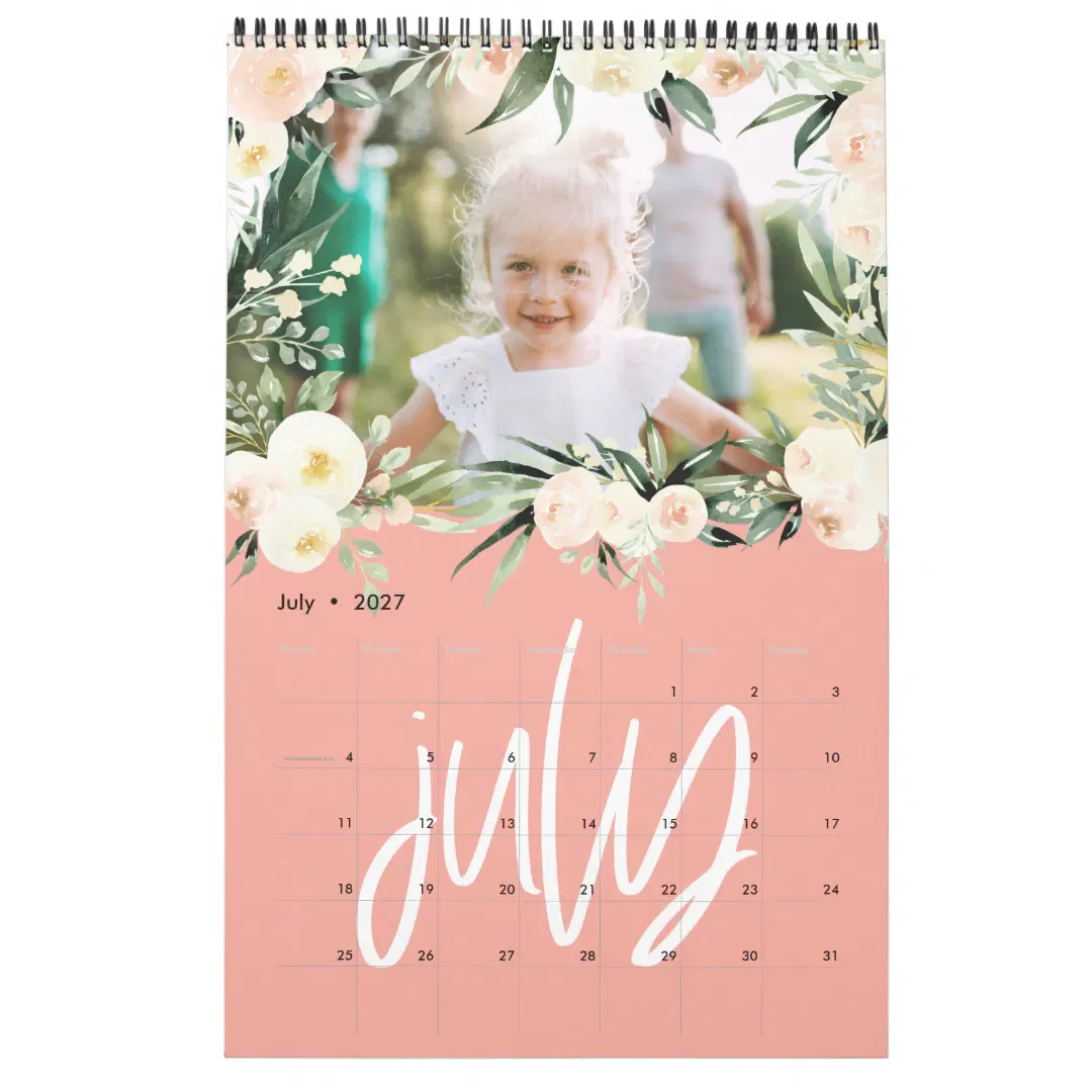 Modern watercolor floral photo script calendar
