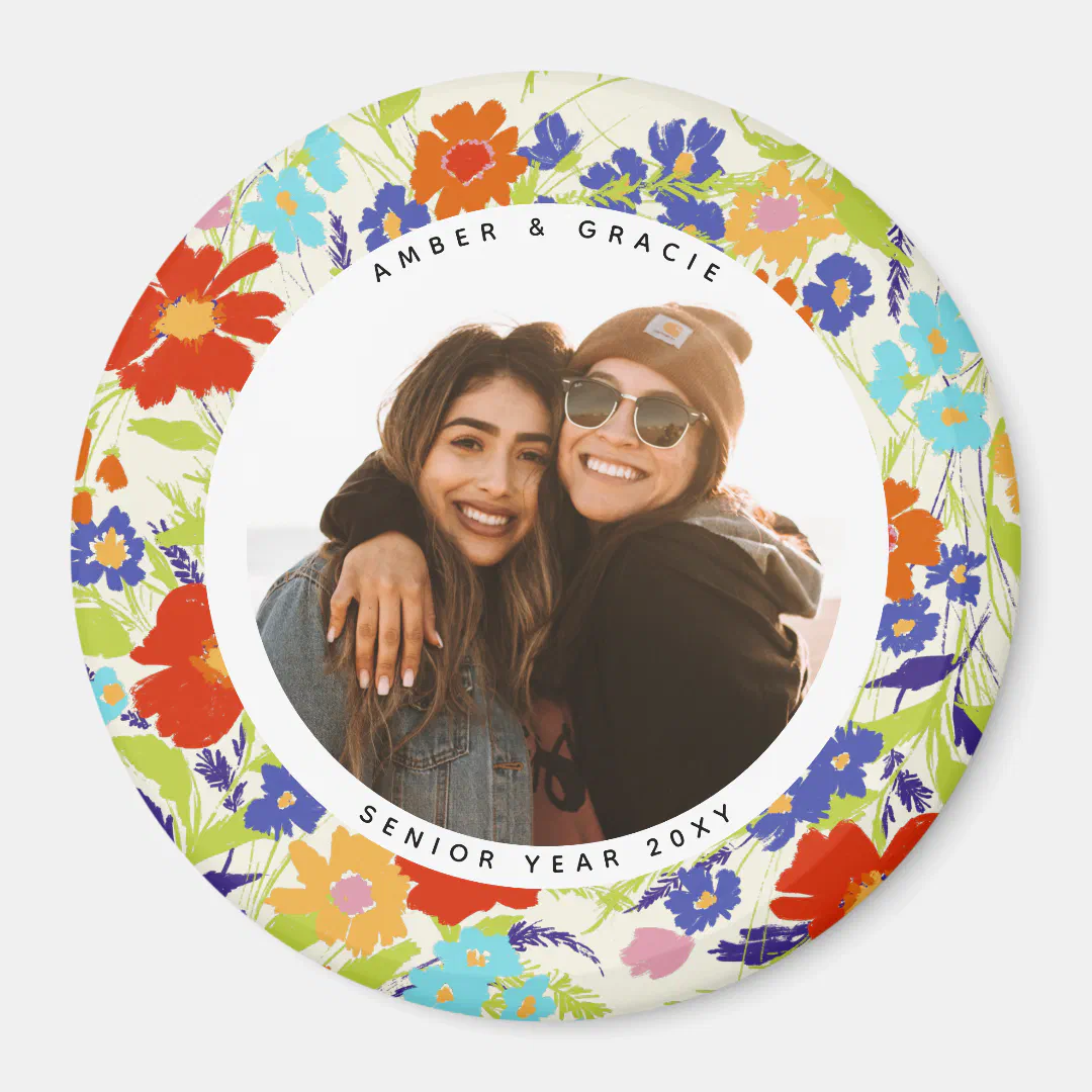 Round Photo Pretty Wildflower Frame with Text Magnet
